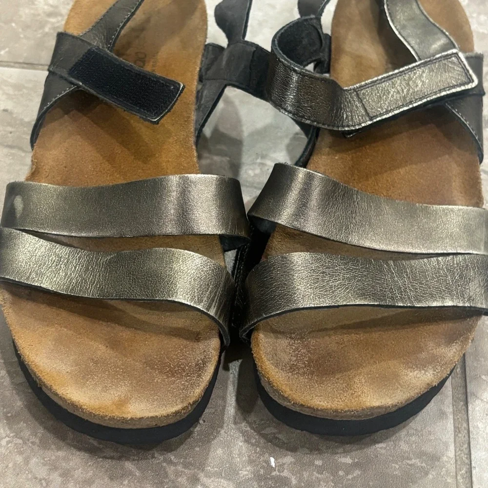 Naot Kayla Metallic Pewter Leather Strappy Slingback Comfort Sandals Womens L10